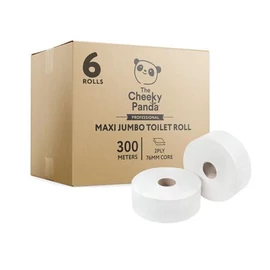 Toalettpapír, bambusz, 2 rétegű, nagytekercses, 24,2 cm átmérő, 300 m/tekercs, 6 tekercs, CHEEKY PANDA, fehér