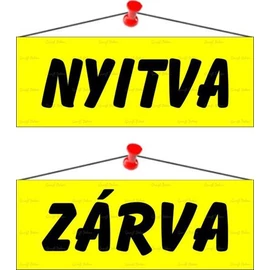 Információs tábla, 22x8,5 cm, kétoldalas, "Nyitva/Zárva", sárga