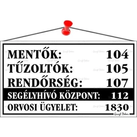 Információs tábla, 22,5x12,5 cm, "Mentők tűzoltók, rendőrség telefonszámok", fehér