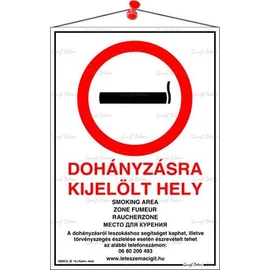Információs tábla, 21x31 cm, többnyelvű, "Dohányzásra kijelölt hely"