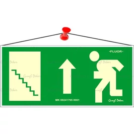 Információs tábla, 25x11,5 cm, fluoreszkáló, utánvilágítós, "Menekülési irány fel, lépcső balra"