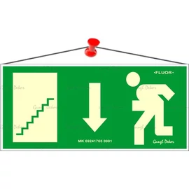Információs tábla, 25x11,5 cm, fluoreszkáló, utánvilágítós, "Menekülési irány le, lépcső balra"