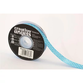 Szatén szalag, 15 mm x 22 m, világos kék fehér pöttyökkel