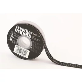 Szatén szalag, 15 mm x 22 m, fekete fehér pöttyökkel