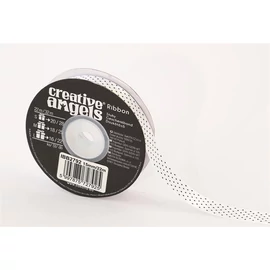 Szatén szalag, 15 mm x 22 m, fehér fekete pöttyökkel