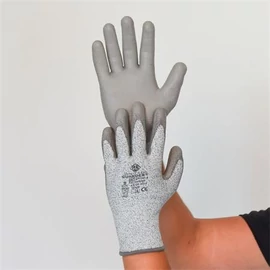Védőkesztyű, HPPE, tenyerén PU mártott, vágásbiztos, M méret, szürke