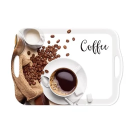 Tálca, szögletes, műanyag, füllel, kávé mintás, 41,5x28,5 cm