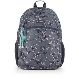 Hátizsák, iskolatáska, cipzáras, GABOL "Secret", szürke, virágmintás