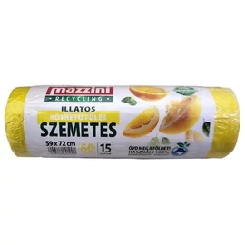 Szemeteszsák, újrahasznosított, köthető füles, illatosított, 60 l, 15 db, 59x72 cm, 13 µ, MAZZINI, citrus illat