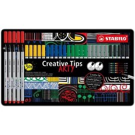 Tűfilc készlet, fém doboz, STABILO "Creative Tips ARTY", 6 különböző szín, 5 különböző vastagság