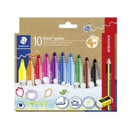 Filctoll készlet, grafitceruzával, radírral, 3 mm, háromszögletű, STAEDTLER "Noris® jumbo 328", 10+1 szín