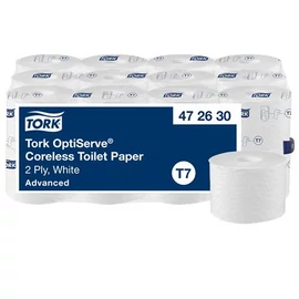 Toalettpapír, belsőmag nélküli, T7 rendszer, 2 rétegű, 13,1 cm átmérő, Advanced, TORK "OptiServe", fehér