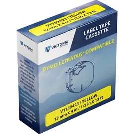 Feliratozógép szalag, 12 mm x 4 m, VICTORIA TECHNOLOGY, sárga