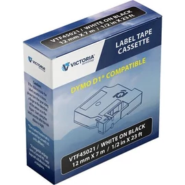 Feliratozógép szalag, 12 mm x 7 m, VICTORIA TECHNOLOGY, fekete-fehér