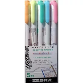 Szövegkiemelő készlet, 1,4/4,0 mm, kétvégű, ZEBRA "Mildliner Fluorescent", 5 szín