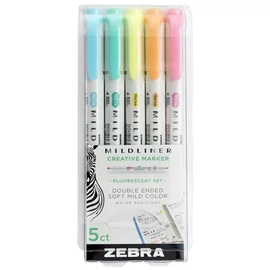Szövegkiemelő készlet, 1,4/4,0 mm, kétvégű, ZEBRA "Mildliner Fluorescent", 5 szín