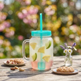 Szívószálas pohár - zöld - 4 db hűthető jégkockával, 550ml,  17 x 7.5 x 13.5 cm