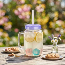 Szívószálas pohár - lila - 4 db hűthető jégkockával, 550ml,  17 x 7.5 x 13.5 cm