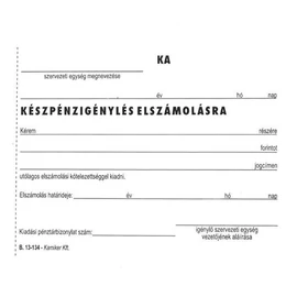 Nyomtatvány, Készpénzigénylés elszámolásra, 50x2, A6, VICTORIA, "B.13-134", 10 tömb/csomag