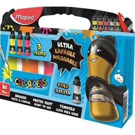 Ultra-washable tempera készlet, palackos, 5x75 ml, fluoreszkáló + metál színek