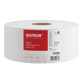 Toalettpapír 2 rétegű közületi átmérő: 18 cm 1304 lap/150 méter/tekercs 12 csomag/karton Jumbo Katrin_93656 fehér