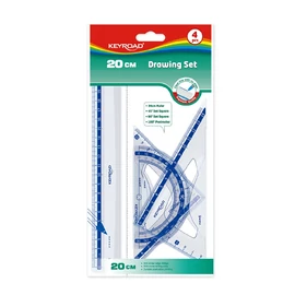Vonalzókészlet, 20 cm, vonalzó, szögmérő, 45° és 60° háromszög vonalzók 4 db/bliszter Keyroad