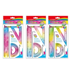 Vonalzókészlet, 20 cm, flexibilis vonalzó, szögmérő, derékszög vonalzó, 3 db/bliszter Keyroad Flex Draw vegyes színek