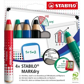 Stabilo MARKdry táblákhoz és flipchartokhoz 4db-os vastag színes táblaceruza készlet törlőkenővel és hegyezővel