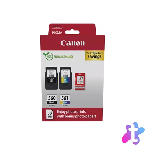 Canon PG-560 (1x7,5 ml) + CL-561 (1x8,3 ml) + 50 lap GP501 10x15 fényes fotópapír Multipack