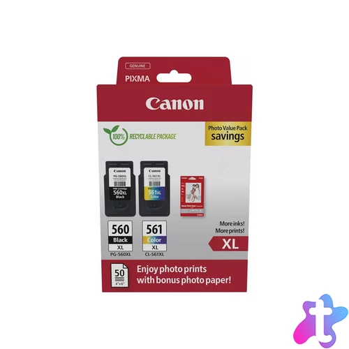 Canon PG-560XL (1x14,3 ml) + CL-561XL (1x12,2 ml) + 50 lap GP501 10x15 fényes fotópapír Multipack