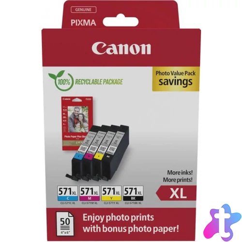 Canon CL-571XL Bk/C/M/Y (4x11ml) Tintapatron + 50 lap PP201 10x15 fényes fotópapír  Multipack