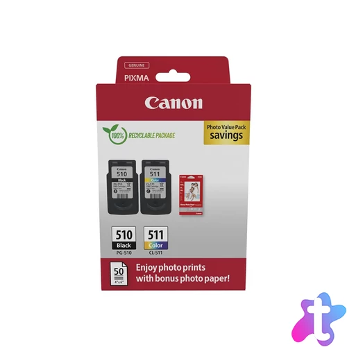 Canon PG-510 (1x9ml) + CL-511 (1x9ml) + 50 lap GP501 10x15 fényes fotópapír Multipack