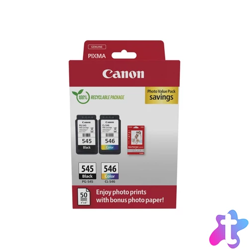 Canon PG-545 (1x8 ml) + CL-546 (1x8 ml) + 50 lap GP501 10x15 fényes fotópapír  Multipack