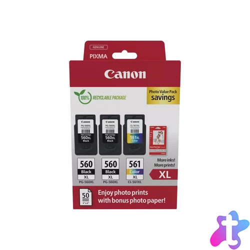 Canon PG-560XLx2 (2x14,3 ml) + CL-561XL (1x12,2 ml) + 50 lap GP501 10x15 fényes fotópapír Multipack