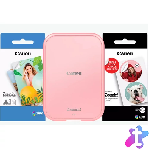 Canon ZOEMINI 2 Fotónyomtató Rózsaarany + 5x7,6cm ZINK fotópapír 20 lap + 3.3 cm ZINK 10 lap körmatrica papír