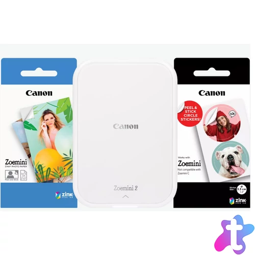 Canon ZOEMINI 2 Fotónyomtató Gyöngyházfehér + 5x7,6cm ZINK fotópapír 20 lap + 3.3 cm ZINK 10 lap körmatrica papír