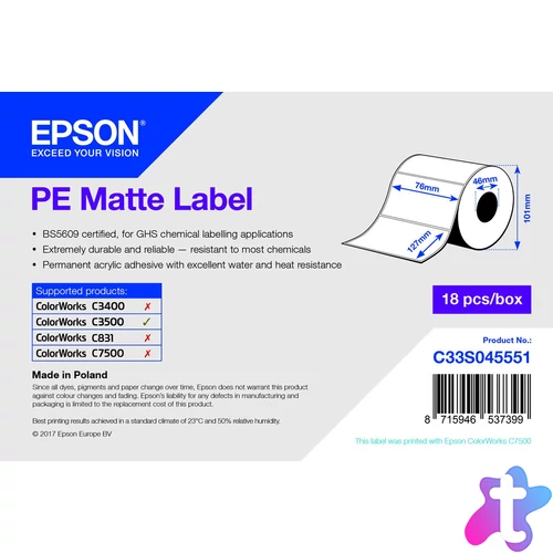 Epson fehér matt inkjet 76mm x 127mm 220 címke/tekercs
