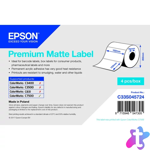 Epson Premium Matte címke 102mm*152mm, 800 címke/tekercs