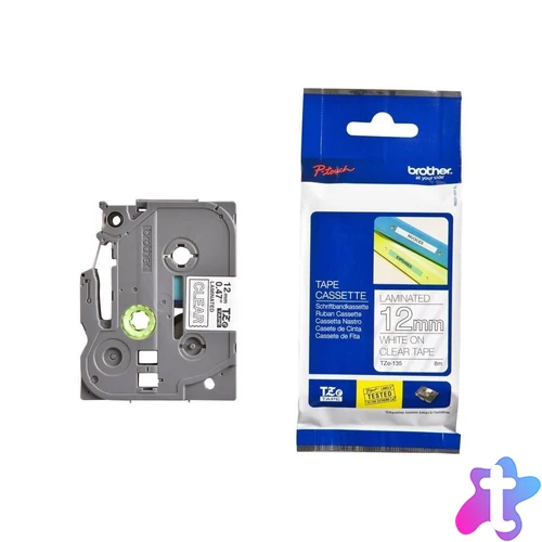 Brother TZE-135 laminált P-touch szalag (12mm) White on Clear - 8m címkenyomtató szalag