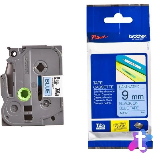 Brother TZE-521 laminált P-touch szalag (9mm) Black on Blue - 8m címkenyomtató szalag