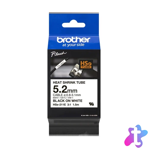 Brother HSE-211E Heat Shrink Tube Tape Cassette 5,2mm Black on White címkenyomtató szalag