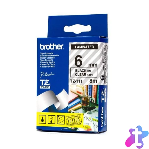 Brother TZE-111 laminált P-touch szalag (6mm) Black on Clear - 8m címkenyomtató szalag