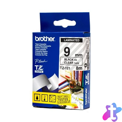 Brother TZE-121 laminált P-touch szalag (9mm) Black on Clear - 8m címkenyomtató szalag