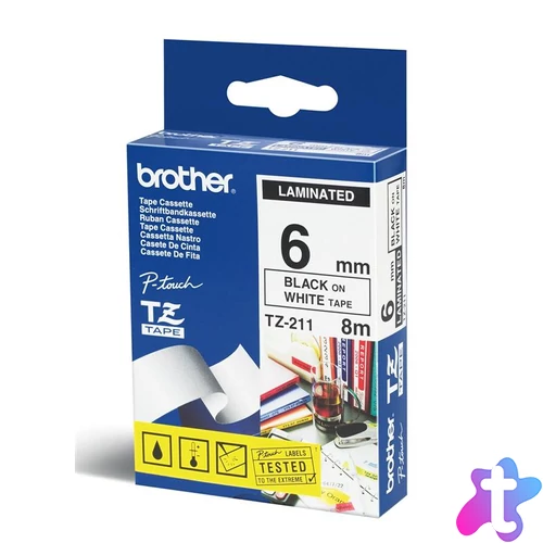 Brother TZE-211 laminált P-touch szalag (6mm) Black on White - 8m címkenyomtató szalag