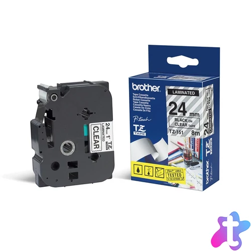 Brother TZE-151 laminált P-touch szalag (24mm) Black on Clear - 8m címkenyomtató szalag