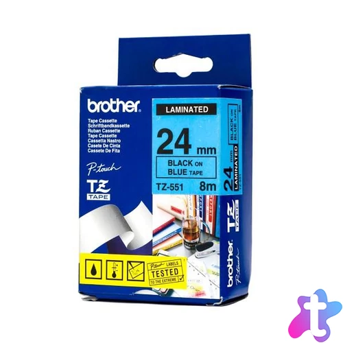 Brother TZE-551 laminált P-touch szalag (24mm) Black on Blue - 8m címkenyomtató szalag