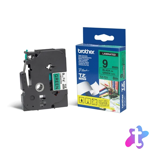 Brother TZE-721 laminált P-touch szalag (9mm) Black on Green - 8m címkenyomtató szalag