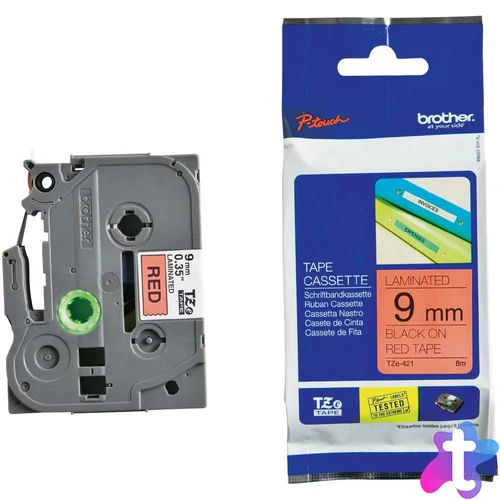 Brother TZE-421 laminált P-touch szalag (9mm) Black on Red - 8m címkenyomtató szalag