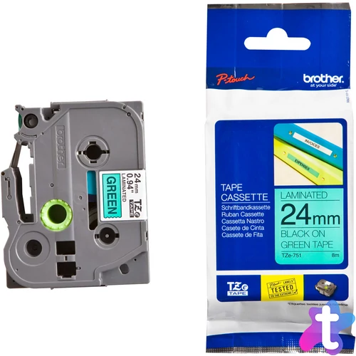 Brother TZE-751 laminált P-touch szalag (24mm) Black on Green - 8m címkenyomtató szalag