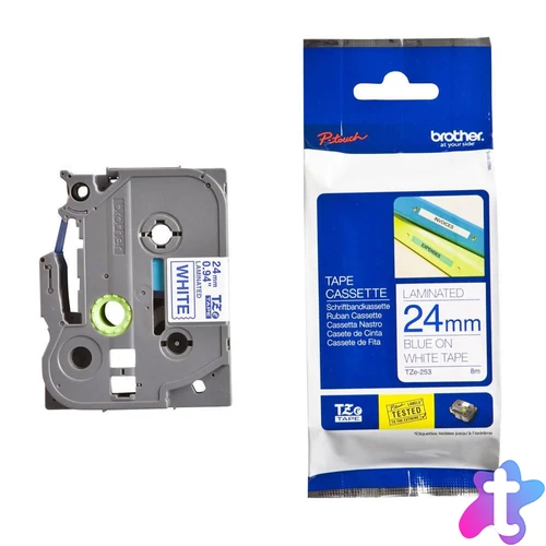 Brother TZe-253 laminált P-touch szalag (24mm) Blue on White - 8m címkenyomtató szalag